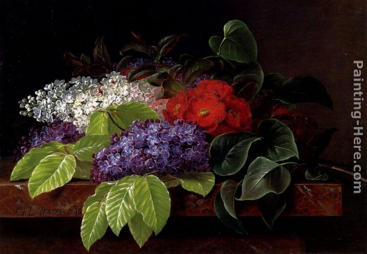 Johan Laurentz Jensen White and purple Lilacs, Camellia and Beech Leaves on a marble Ledge